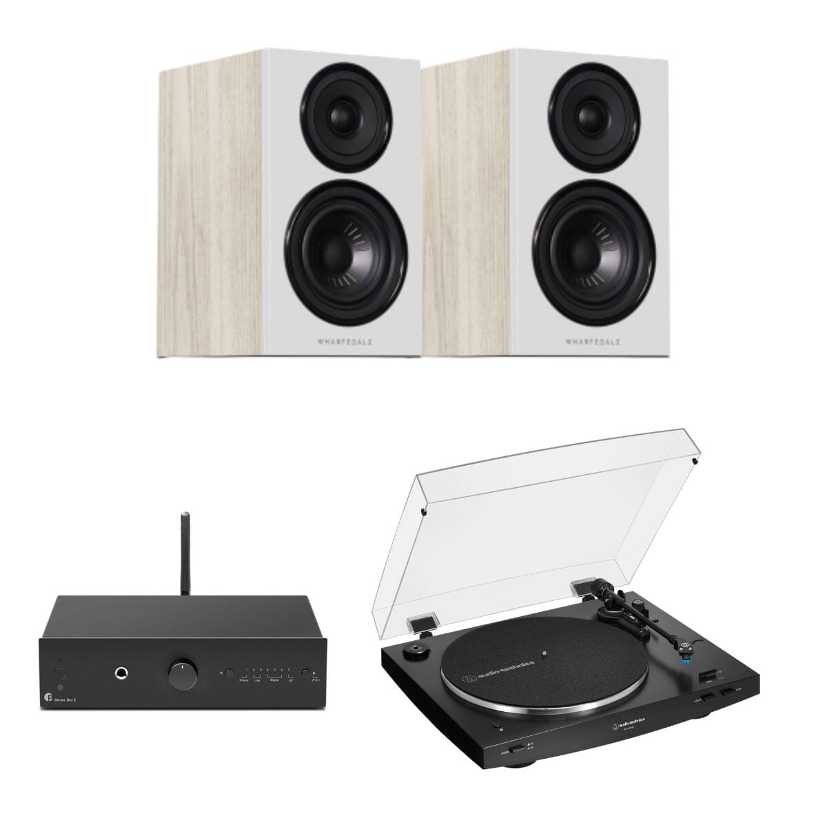 Pro-Ject Stereo Box E + Audio-Technica LP3XBT + Wharfedale Diamond 12.0 Bookshelf Speakers