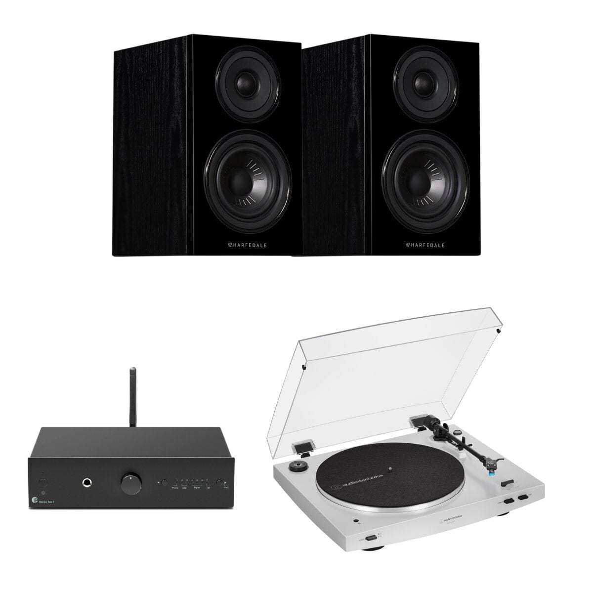 Pro-Ject Stereo Box E + Audio-Technica LP3XBT + Wharfedale Diamond 12.0 Bookshelf Speakers