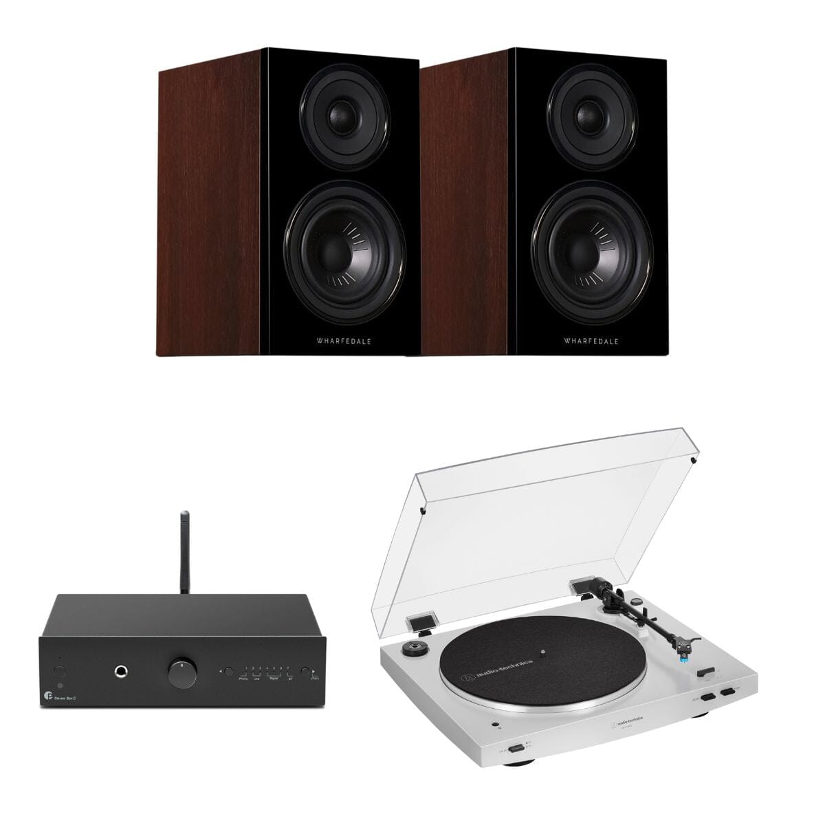 Pro-Ject Stereo Box E + Audio-Technica LP3XBT + Wharfedale Diamond 12.0 Bookshelf Speakers