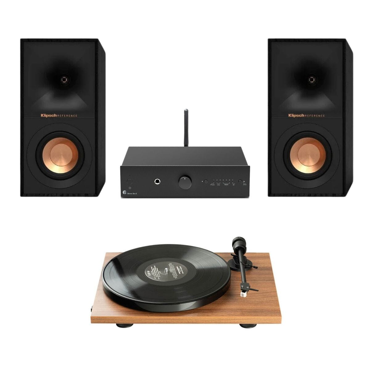 Pro-Ject Stereo Box E + Pro-Ject E1 Turntable + Klipsch R-40M Bookshelf Speakers